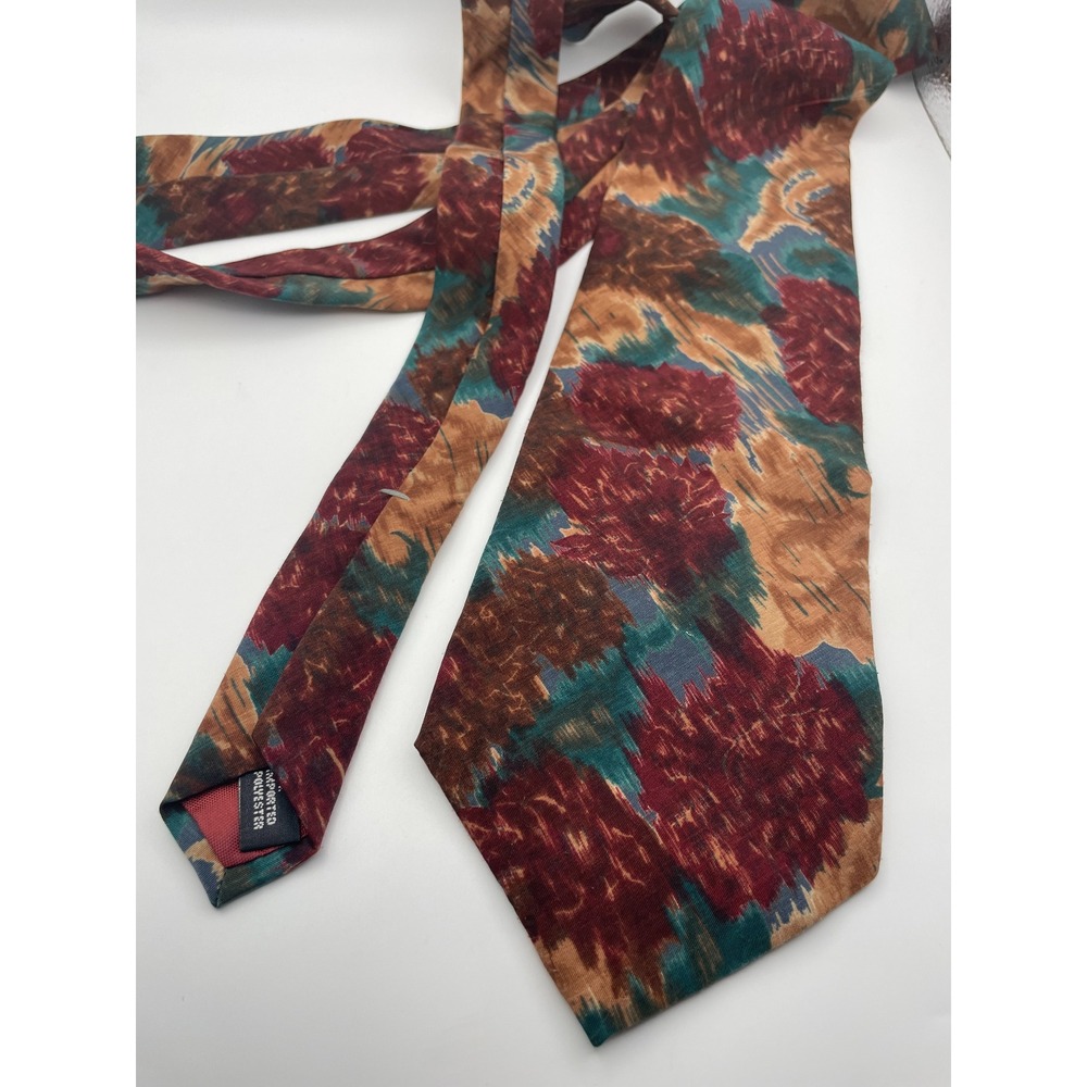 Domani Mens Necktie Abstract Floral Ikat Pattern Burgundy Teal Brown Polyester